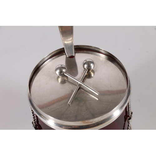 18 - American silver drum preserve pot by R Blackinton & Co, with cranberry glass reservoir and match...