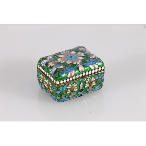 2 - Russian 88 zolotnik grade silver and enamel miniature pill box of casket form, the exterior with Clo...
