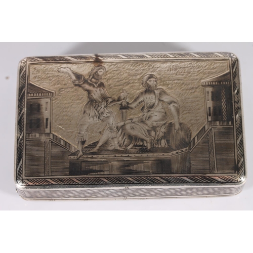 21 - Russian 84 zolotnik grade silver niello snuff box decorated with church scene and depiction of a sta...