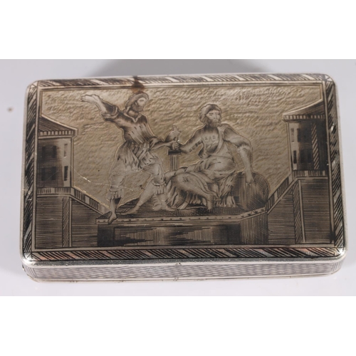 21 - Russian 84 zolotnik grade silver niello snuff box decorated with church scene and depiction of a sta... 