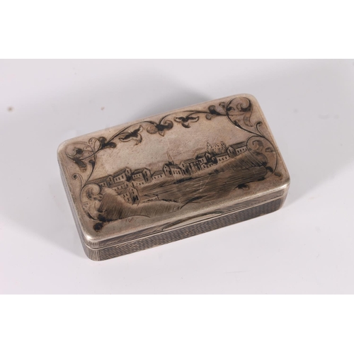 22 - Russian 84 zolotnik grade silver niello snuff box decorated with town scene to both sides, marks rub...