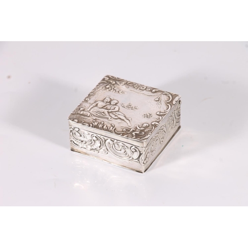 24 - Continental Art Nouveau silver trinket box decorated in repoussé with scene of a courting couple res...