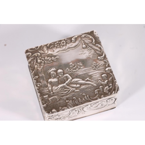 24 - Continental Art Nouveau silver trinket box decorated in repoussé with scene of a courting couple res...