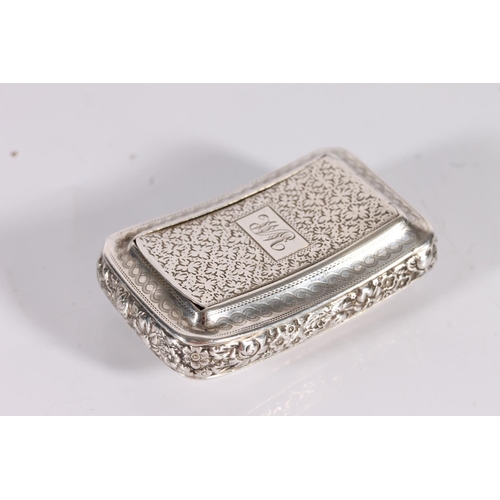 26 - Georgian antique silver pocket snuff box of curved cushion form having all over embossed and incised...