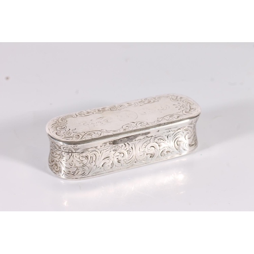 31 - Victorian antique silver snuff box of stadium shape with all over incised floral designs and basket ...