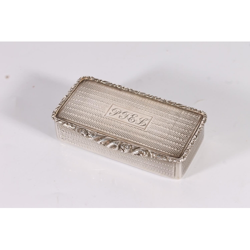 32 - Georgian antique silver snuff box of rectangular form with engine turned decoration and embossed rel...
