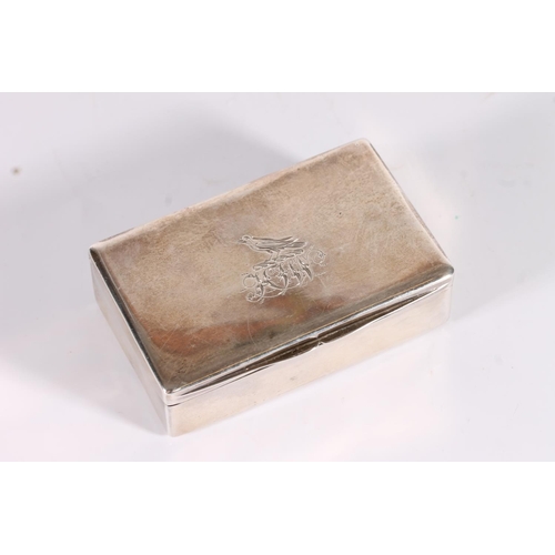 34 - Georgian antique silver snuff box of plain rectangular form with bird crest, gilded interior, by Dan...