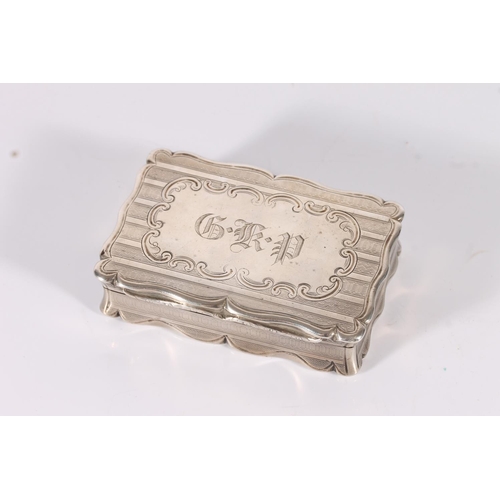 35 - Victorian antique silver snuff box of rectangular form with serpentine edge, the body with engine tu...