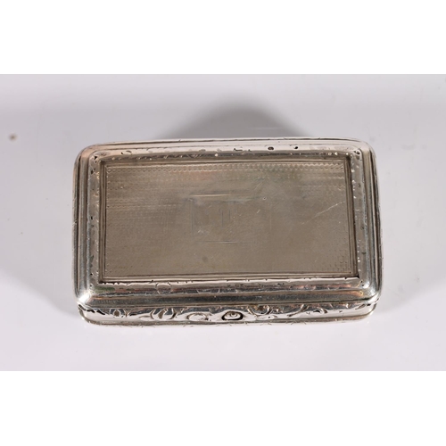 36 - William IV antique silver snuff box of rectangular form with engine turned top and relief embossed f...
