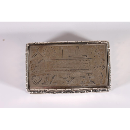 39 - Victorian antique silver snuff box of rectangular form incised with Masonic symbols, gilded interior...