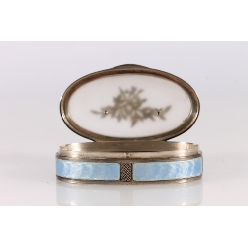 4 - Continental 935 grade silver enamel and marcasite pill box of oval shape, the frosted glass top set ...