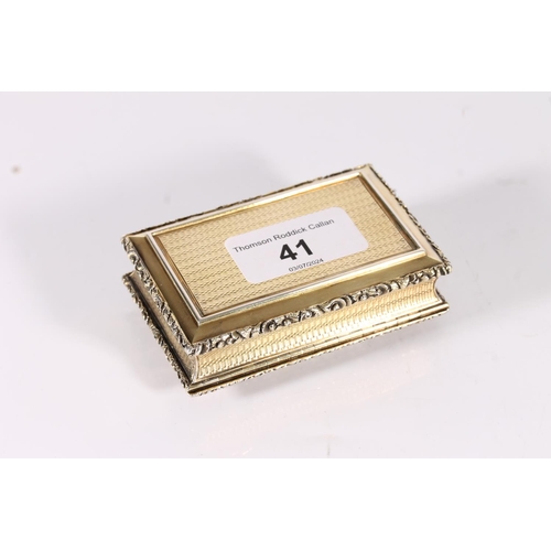 41 - William IV antique parcel gilt silver table size snuff box of rectangular form with concave sides ha...