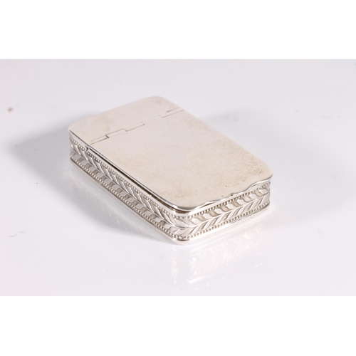 44 - George VI silver snuff box of rectangular form with plain top and bottom surfaces and relief leaf de... 