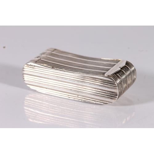45 - Georgian antique silver snuff box of curved C scroll form with reeded decoration, gilded interior, b...
