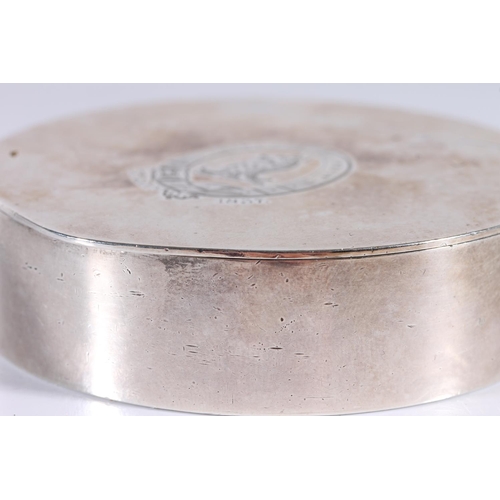 46 - Victorian antique Scottish silver tobacco box of cylindrical form, the top incised with Baird Clan c...