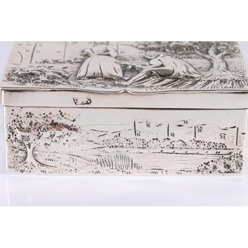 50 - Georgian antique silver table snuff or tobacco box decorated in high relief with repoussé scene of a...