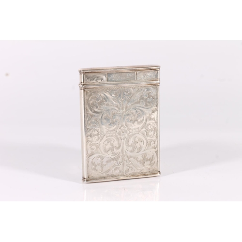 51 - Victorian antique silver card case of rectangular form decorated with all over engraved scrolling ac...