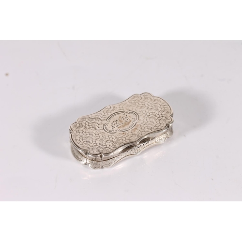 56 - Victorian antique silver vinaigrette of oval form with serpentine edge and incised wavy decoration, ...