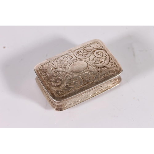 58 - Victorian antique silver vinaigrette of rectangular form with slightly domed top incised with scroll...