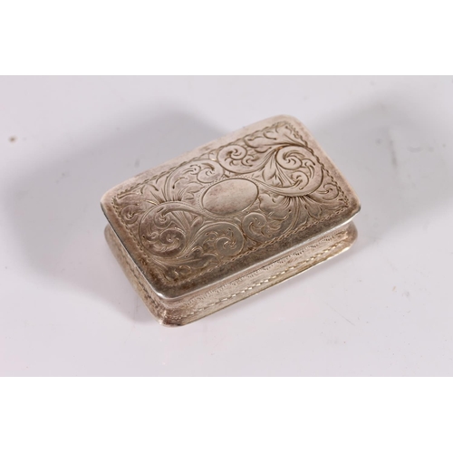 58 - Victorian antique silver vinaigrette of rectangular form with slightly domed top incised with scroll... 