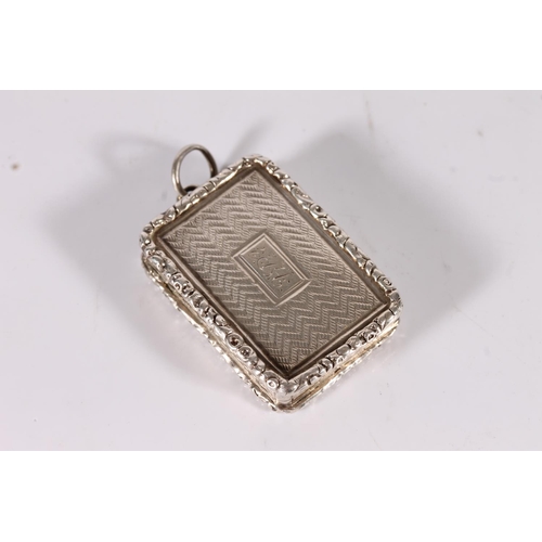 60 - Victorian antique silver vinaigrette of rectangular form with engine turned decoration and relief em...