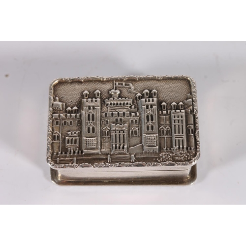 63 - Elizabeth II contemporary silver 'castle top' pill box with relief depiction of Windsor Castle, gild... 