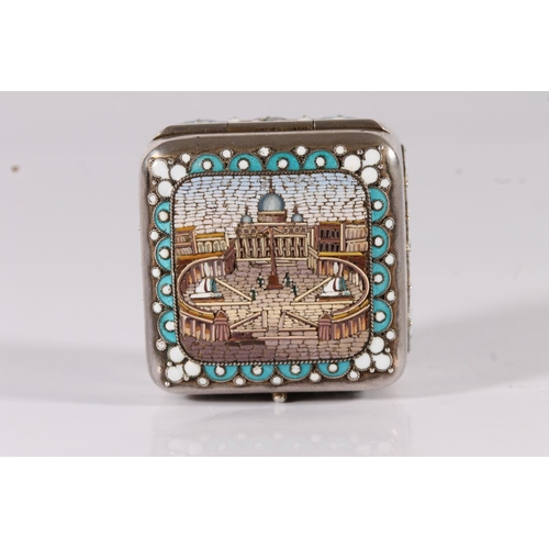 65 - Continental 800 grade silver pill box of cube form, the top with Italian micromosaic depicting Vatic... 