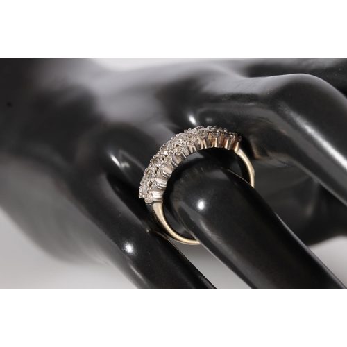 88 - 18ct gold and diamond cluster ring, the three lines of diamonds in a shared claw setting, ring size ... 