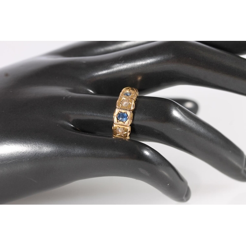 90 - Late Victorian 15ct gold ring set with sapphires and seed pearls in a star cut mount with repeating ... 