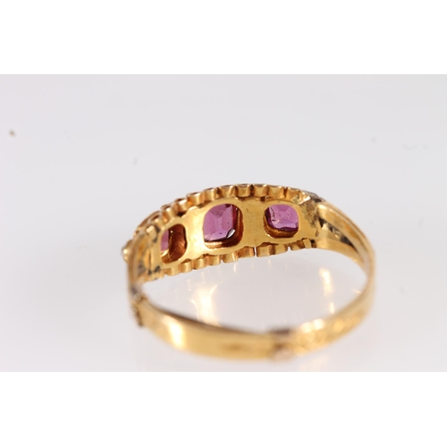 91 - Victorian 15ct gold amethyst and seed pearl ring, the cushion cut amethysts with interspersed split ... 
