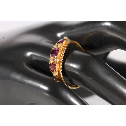 91 - Victorian 15ct gold amethyst and seed pearl ring, the cushion cut amethysts with interspersed split ... 