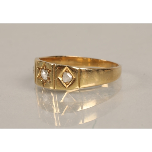 216 - 18k gold ring set with a trio of diamonds, ring size M, 2.3g