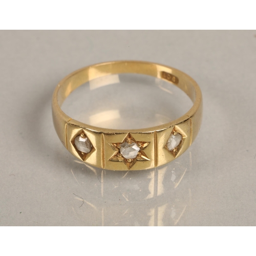 216 - 18k gold ring set with a trio of diamonds, ring size M, 2.3g