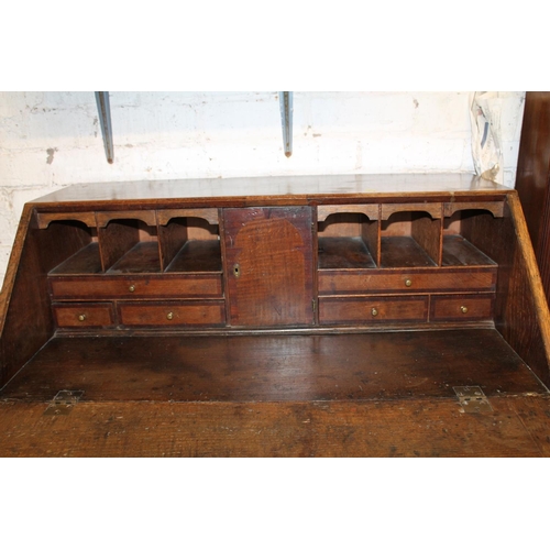 458 - Victorian oak bureau with fitted interior, 91cm wide.