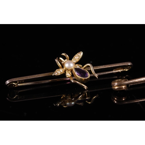 148 - Edwardian 15ct gold seed pearl and amethyst insect bar brooch together with a Edwardian seed pearl a... 