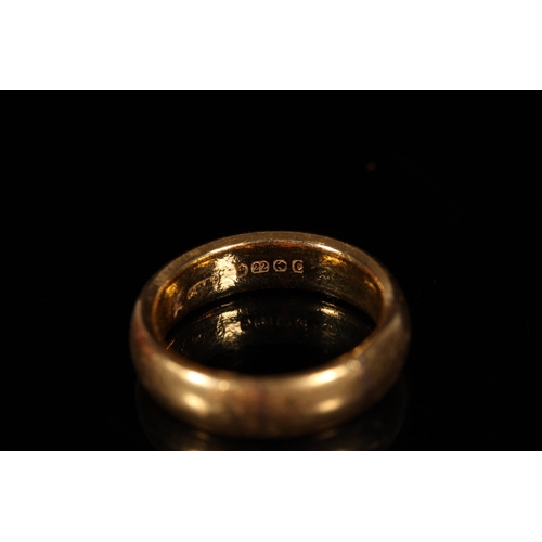 151 - 22ct gold plain wedding band, ring size K/L, 8.8g.