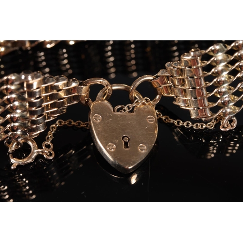 158 - 9ct gold gate link bracelet with heart shaped padlock closure, 20g gross.