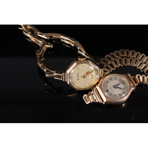 166 - Ladies 9ct gold cased Zodiac wristwatch on 9ct gold expending link bracelet, 16.3g gross, also a Rei... 