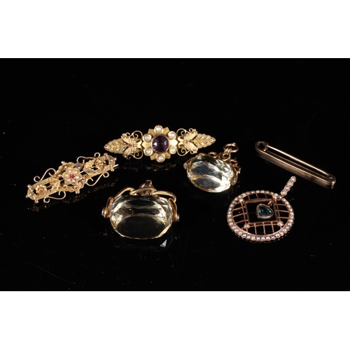 169 - Victorian 9ct gold brooch set with large central faceted circular amethyst and seed pearls, 4.1g, an... 