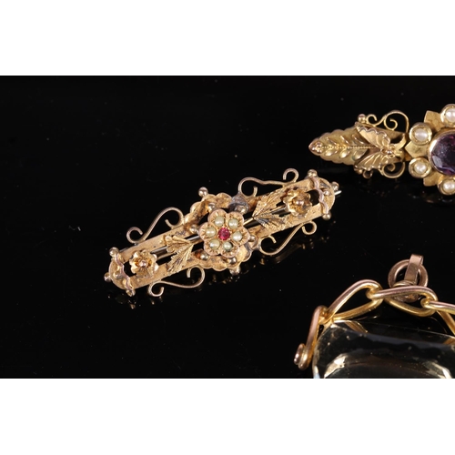 169 - Victorian 9ct gold brooch set with large central faceted circular amethyst and seed pearls, 4.1g, an... 