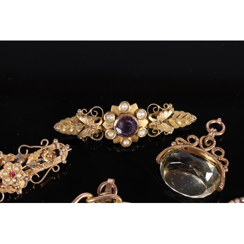 169 - Victorian 9ct gold brooch set with large central faceted circular amethyst and seed pearls, 4.1g, an... 