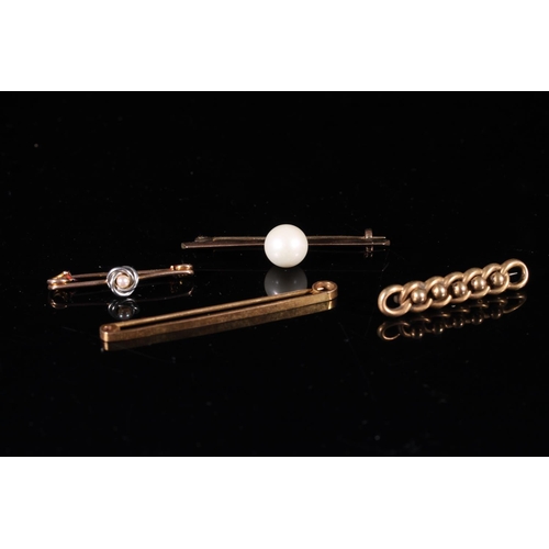 171 - Edwardian 9ct gold knotwork bar brooch together with a 9ct gold pin, gross 3.0g, with two other pear... 