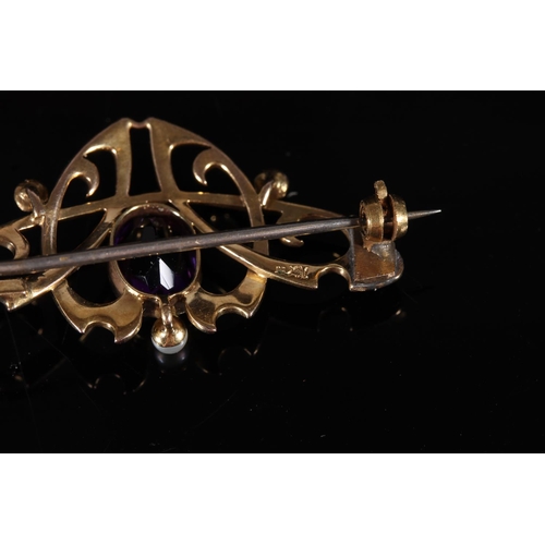 174 - Edwardian Art Nouveau 15ct gold amethyst and seed pearl brooch, W4cm.