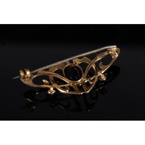 174 - Edwardian Art Nouveau 15ct gold amethyst and seed pearl brooch, W4cm.