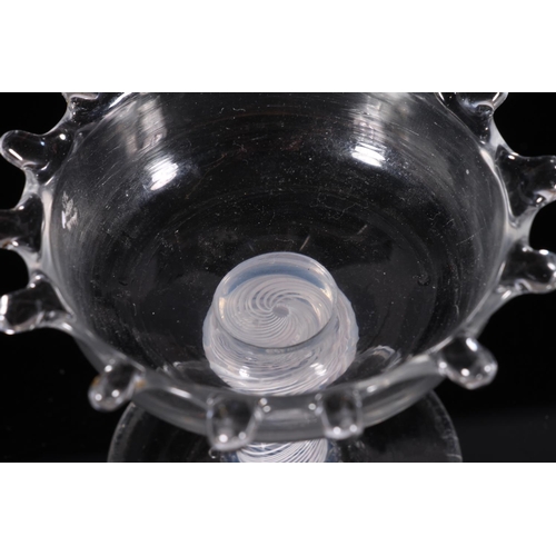 304 - George III period glass sweetmeat dish, c1760, the dentil rim shallow bowl on a shoulder knopped ste... 