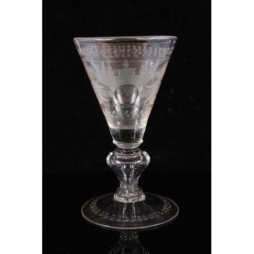 308 - 18th century continental wine glass, the funnel bowl wheel engraved with foliate forms and windowed ... 