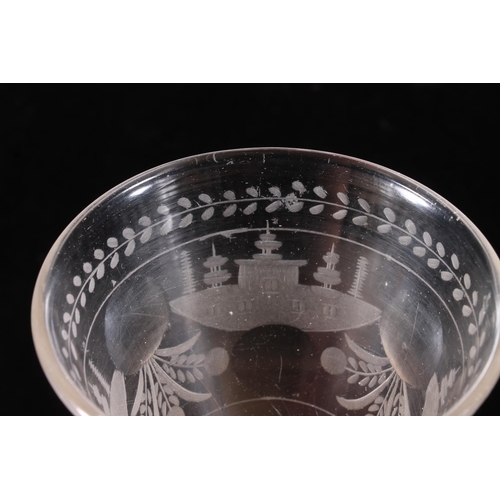 308 - 18th century continental wine glass, the funnel bowl wheel engraved with foliate forms and windowed ... 