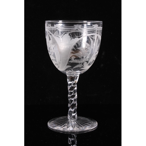 309 - Victorian large wine glass, the bowl finely engraved with scrolling ferns under a stringed border, o... 