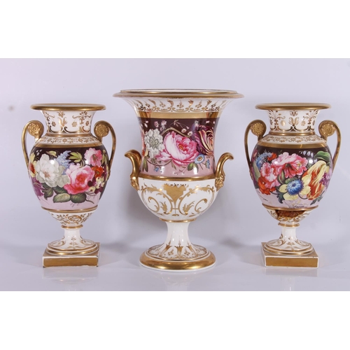 314 - English porcelain campagna urn in the manner of Derby, c1830, painted in polychrome garden flowers b... 