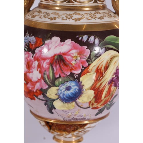 314 - English porcelain campagna urn in the manner of Derby, c1830, painted in polychrome garden flowers b... 